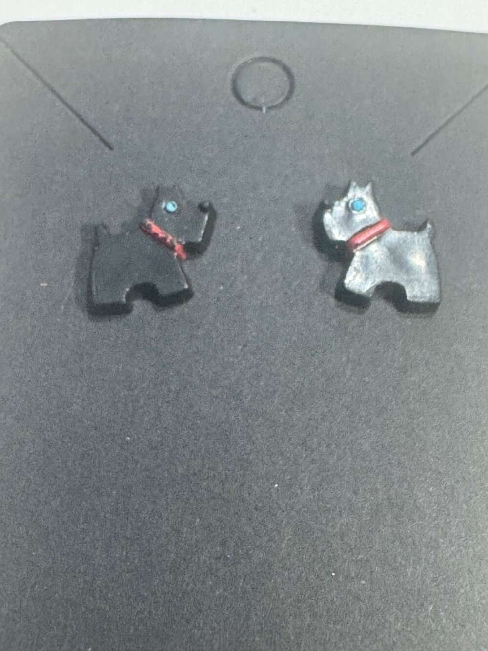 Scottie Dog Earrings Black & Silver Acrylic Red Collar Blue Eye Studs